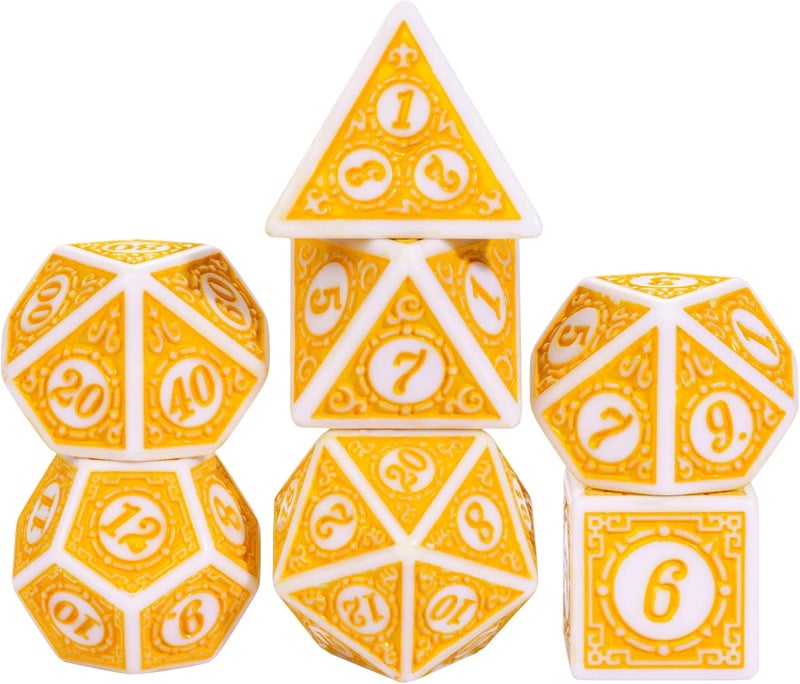 Poludie 7PCs DND Dice Set, Unique Window Lattice Pattern D&D Dice Set with Leather Die Bag, Polyhedral Die for RPG Table Games (Yellow/White) - Image 1